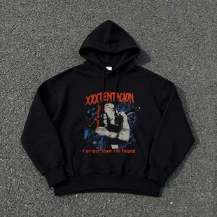 美式古着XXXTENTACION 红蓝字涂鸦人像印花宽松重磅连帽圆领卫衣