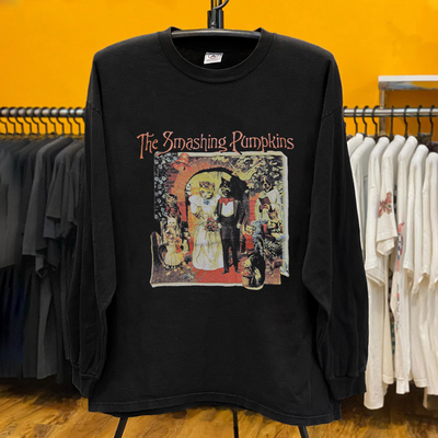 The Smashing Pumpkins 碎南瓜乐队猫咪婚礼复古纯棉重磅长袖T恤