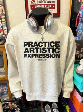 秋冬季新款美式复古街头风圆领卫衣男女款灰色字母潮牌宽松上衣棉