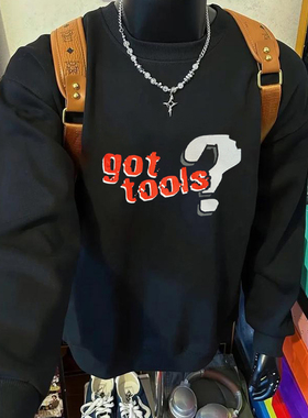 美式复古高街风字母印花圆领卫衣男女款小众潮牌宽松长袖上衣黑色