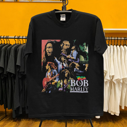 Bob Marley鲍勃马利拼接人像周边T恤美式复古重磅落肩情侣短袖T恤