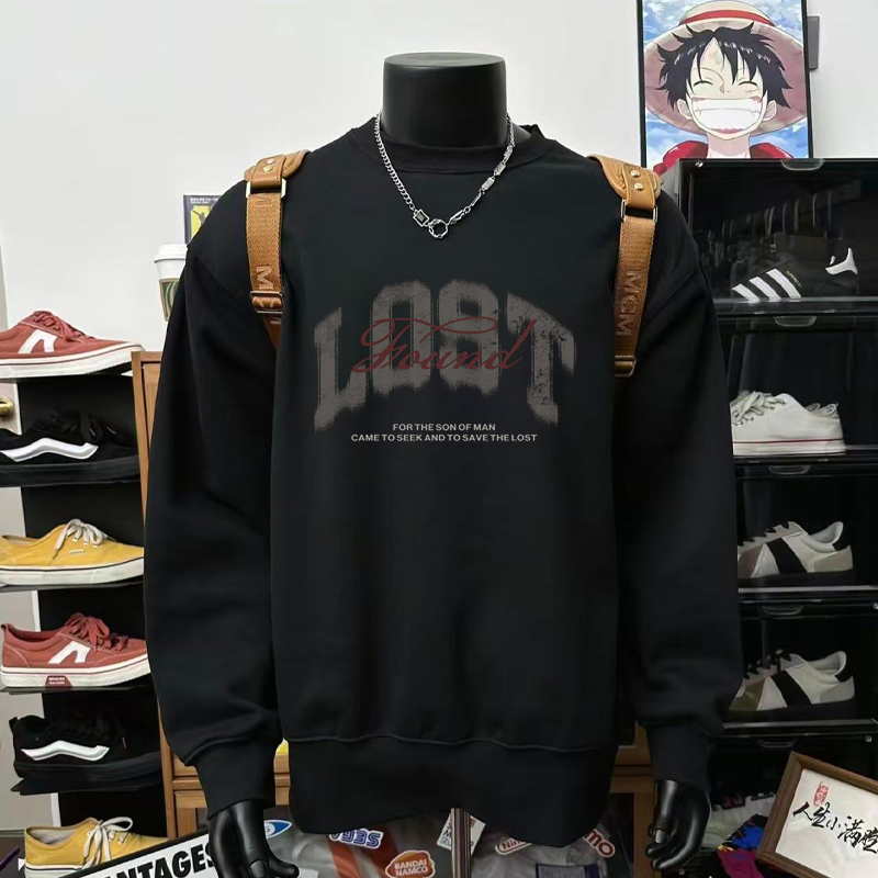 美式嘻哈风hiphop字母潮牌印花圆领卫衣男款黑色宽松套头重磅上衣