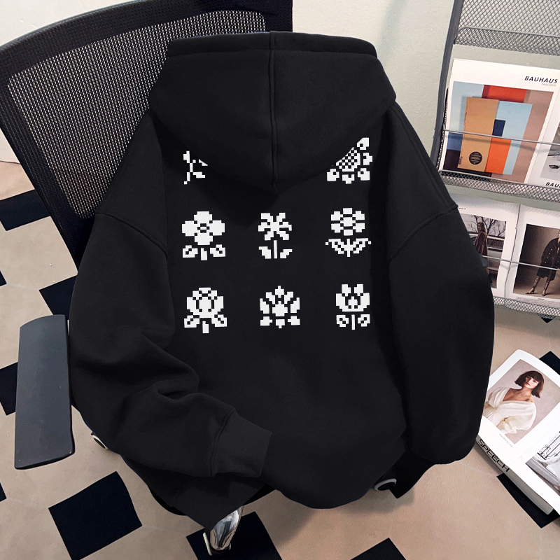 像素风花朵设计情侣款连帽卫衣男女小众感百搭休闲上衣2025秋冬季