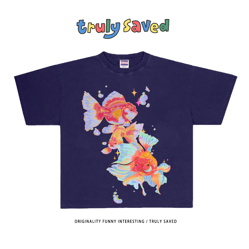 250克重磅纯棉！ 创意水彩金鱼插画oversize百搭时尚短袖T恤上衣