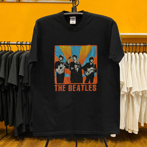 甲壳虫 The Beatles 蓝橙撞色放射状印花 INS复古年代感短袖T恤