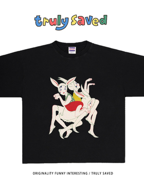 Earthman vip vintage古着感兔子插画T恤夏季百搭潮牌宽松短袖