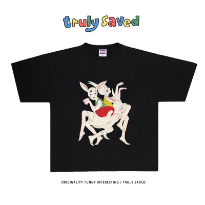 vintage古着感兔子插画T恤