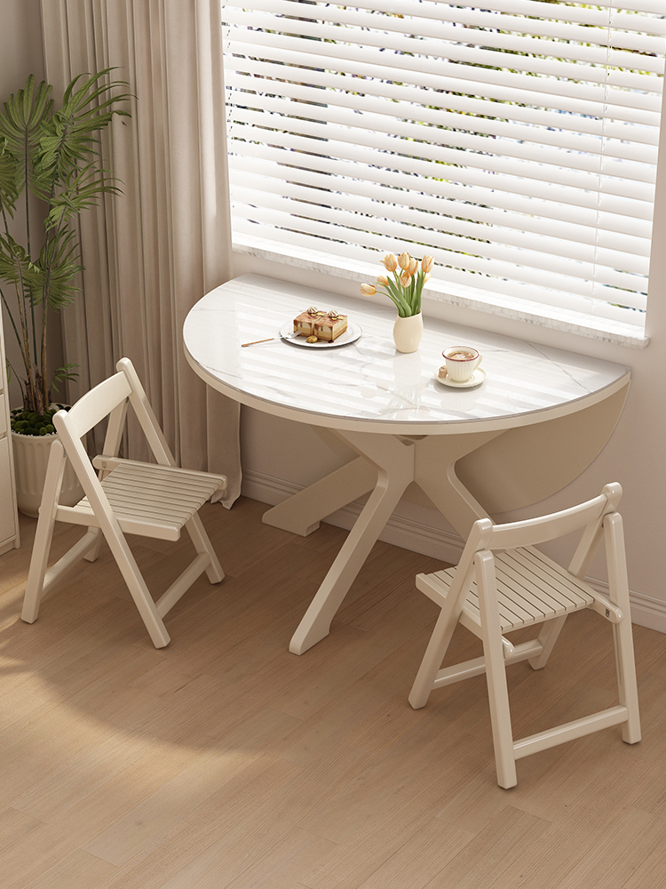 岩板实木折叠圆形餐桌小户型家用客厅超窄可变圆桌省空间吃饭桌椅