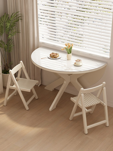 岩板实木折叠圆形餐桌小户型家用客厅超窄可变圆桌省空间吃饭桌椅