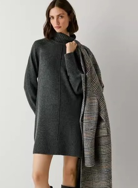 英国代购Pepe Jeans 休闲慵懒风高领针织连衣裙女落肩袖中长款