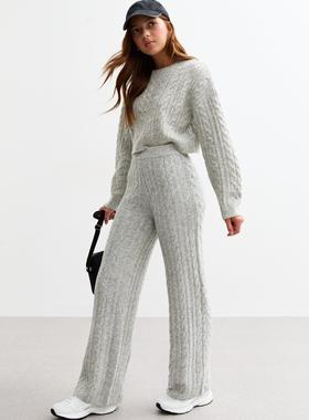 英国代购New Look 女孩大童灰色粗针织阔腿裤休闲裤