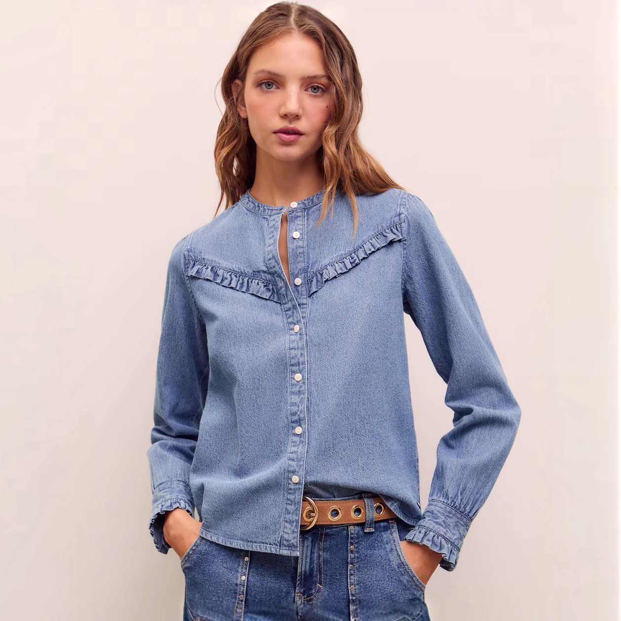 西班牙代购女褶边长袖牛仔衬衫