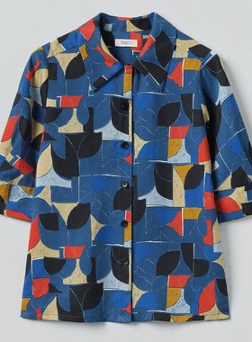 英国代购TOAST 几何印花衬衫女七分袖翻领宽松休闲百搭上衣