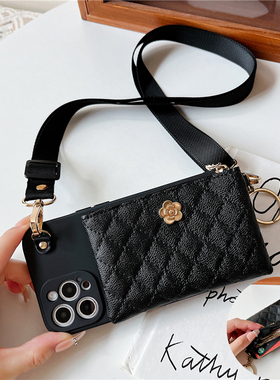 山茶花拉链皮质零钱包60适用华为pura80手机壳可插卡mate70pro/50斜挎挂绳nova14/13软黑色全包荣耀400/200女