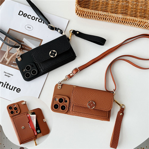 四叶草皮质插卡零钱包斜挎手机壳