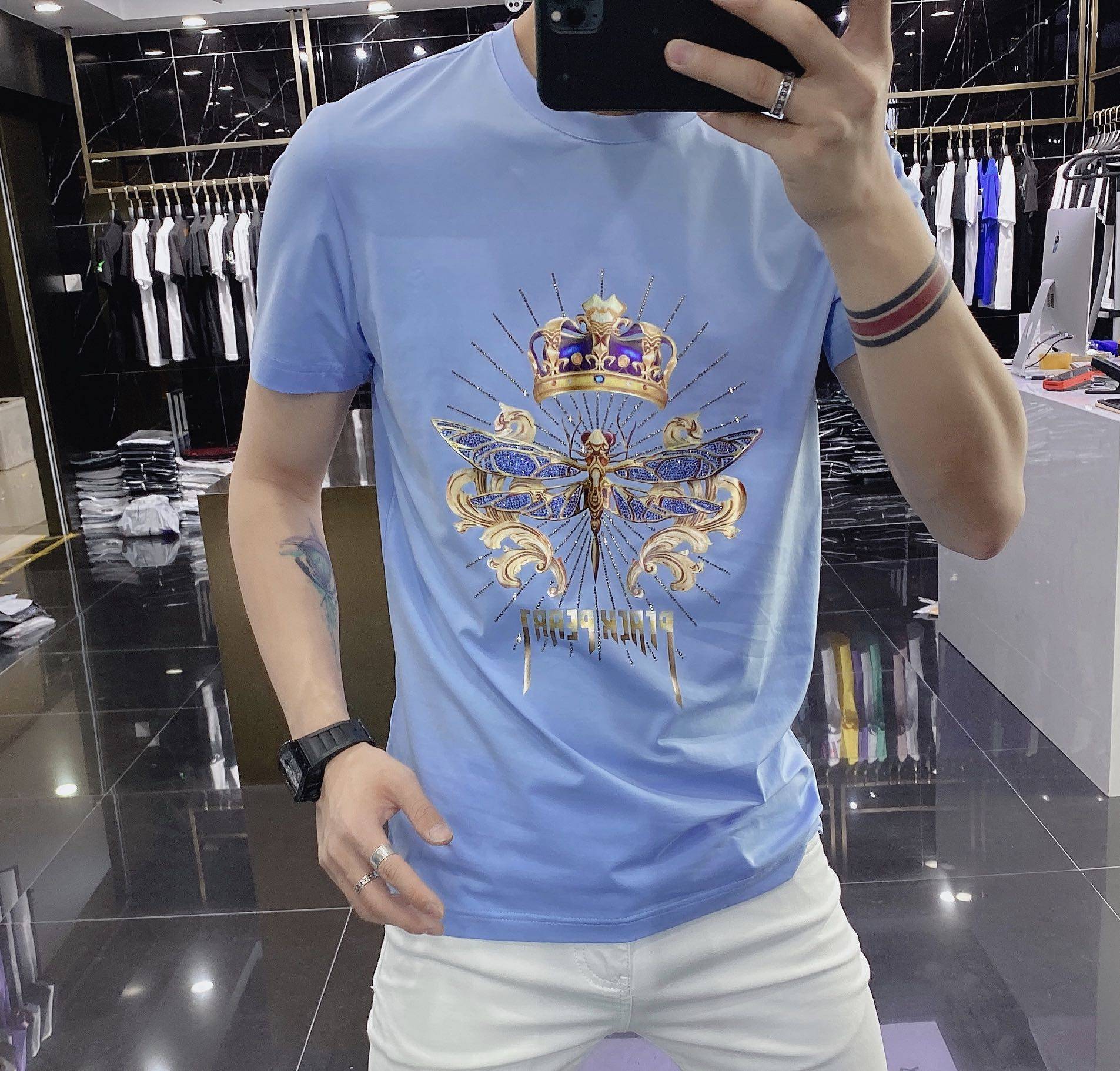 欧美潮牌T恤男3D立体印花2020夏新款丝光棉亮片刺绣修身短袖男潮