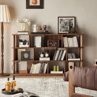 北美黑胡桃木书架落地置物架家用客厅儿童绘本架全实木格子柜矮柜