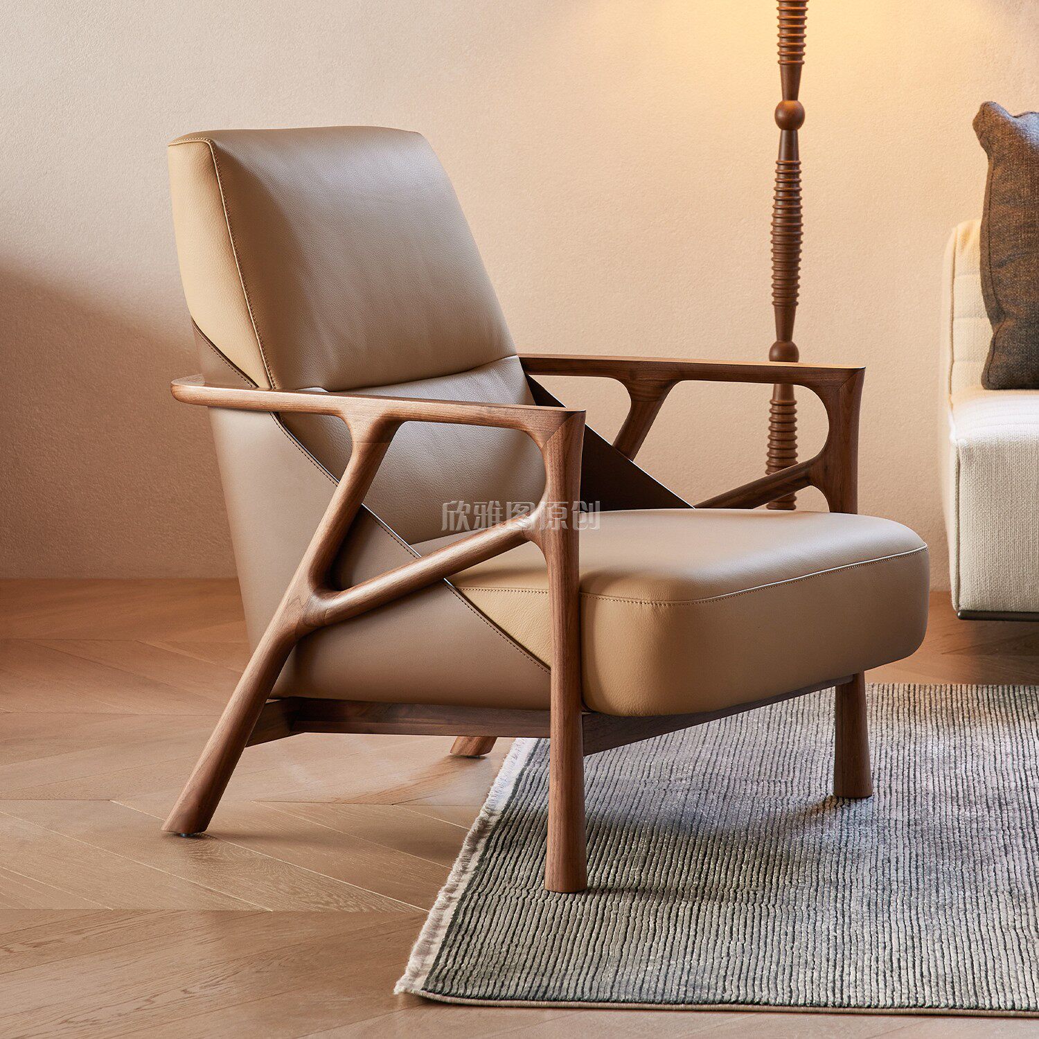 意式极简沙发椅北美黑胡桃木休闲椅客厅单人座椅设计师轻奢老虎椅