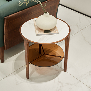 意式极简北美黑胡桃木边几岩板小圆桌圆形小茶几实木沙发桌床头桌