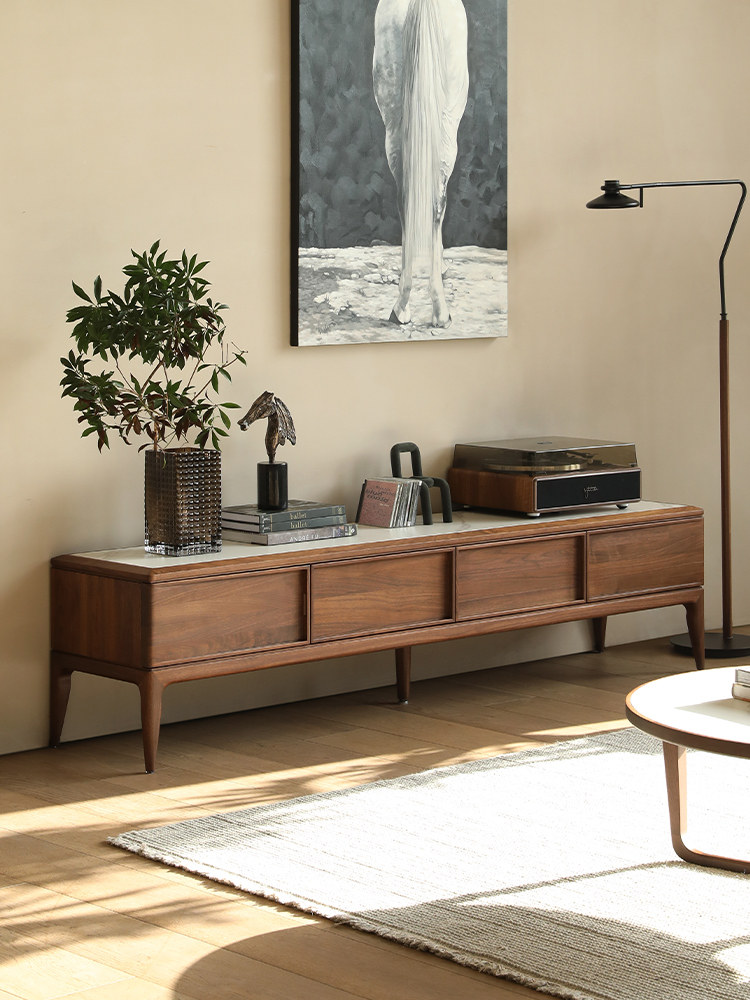 意大利轻豪华北美黑胡桃板岩电视柜咖啡桌组合极简风格客厅实木家