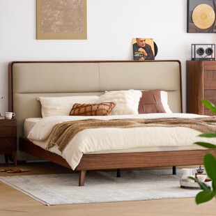 北美黑胡桃木床主卧高端大气真皮大床意式 极简1.8m实木软包双人床