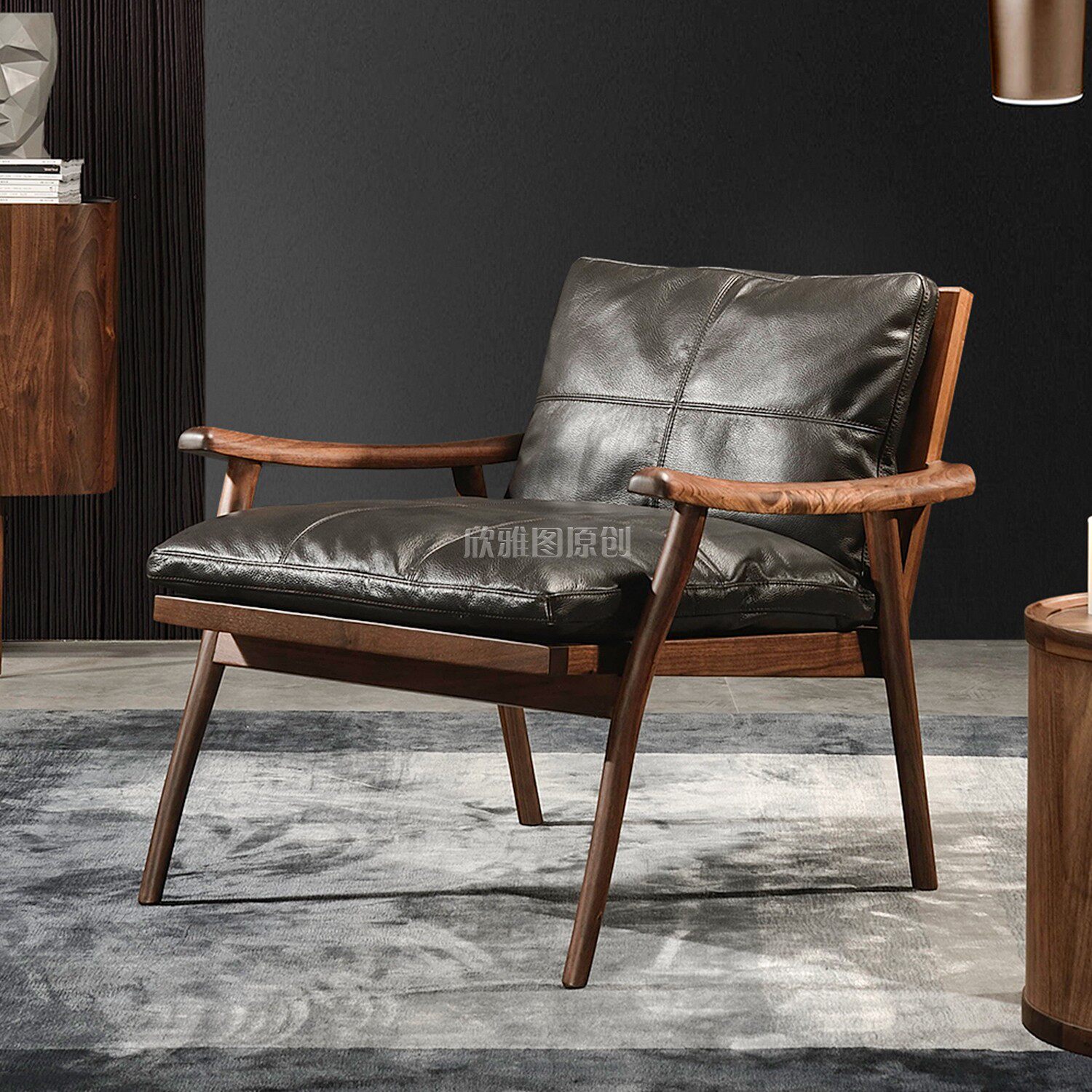 意式轻奢实木真皮单人沙发椅客厅单椅设计师北美黑胡桃木休闲皮椅