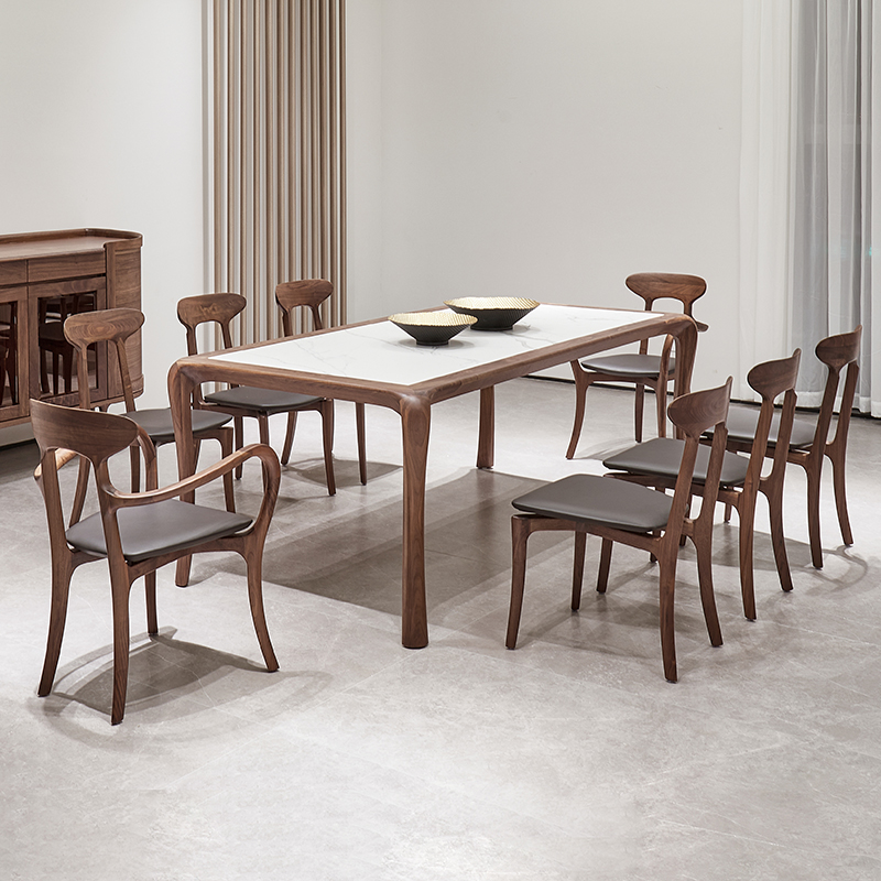 意式岩板餐桌长方形实木餐厅桌子原木极简北美黑胡桃木餐桌椅餐台