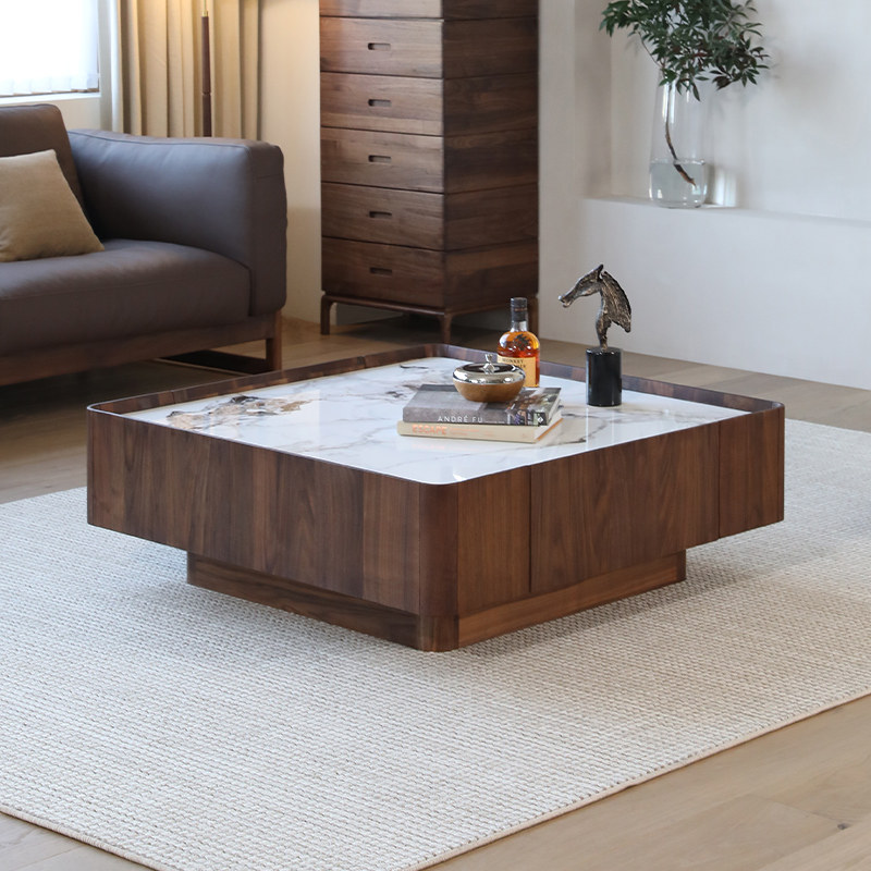 意式轻奢北美黑胡桃木岩板茶几客厅正方形大茶台家用实木沙发茶桌