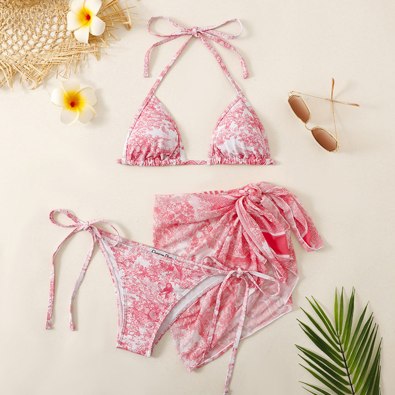 新款潮牌水墨画比基尼Designer Swimwear女士抽绳泳衣披纱三件套