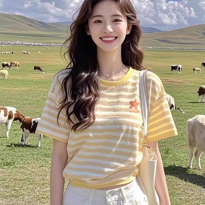 倾听渔声黄色宽松显瘦纯棉条纹短袖T恤女生正肩上衣高级感减龄