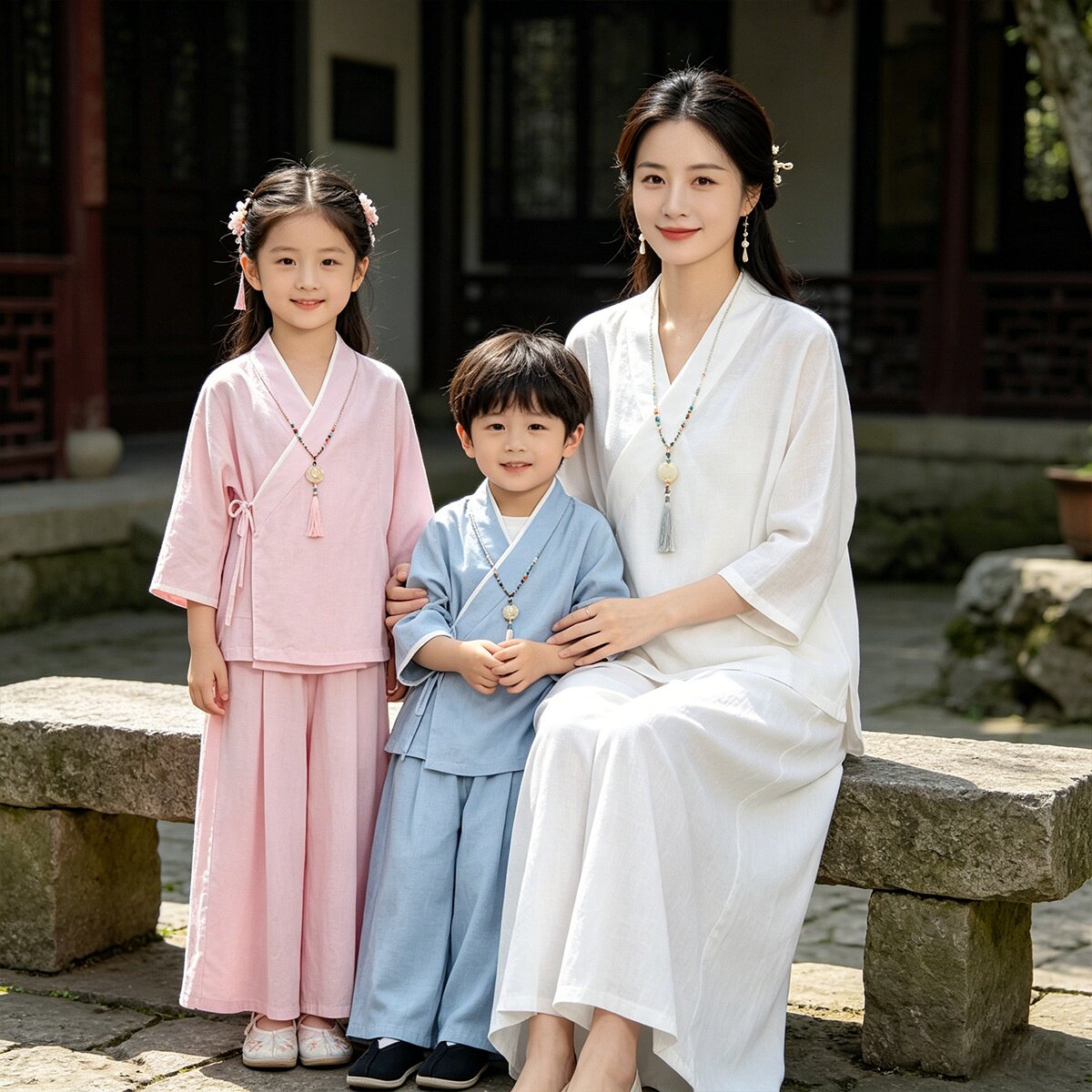 倾听渔声鑫阁七分袖改良汉服夏薄款莱赛尔亚麻新中式亲子套装母女
