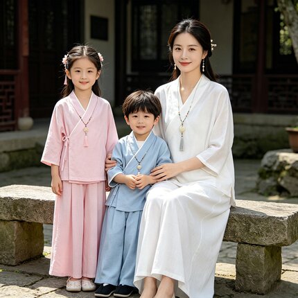倾听渔声鑫阁七分袖改良汉服夏薄款莱赛尔亚麻新中式亲子套装母女
