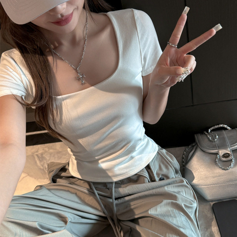 夏季纯棉方领辣妹正肩短袖t恤女式修身显瘦感韩系女装t恤上衣
