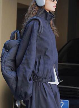 卢浮春季新款巴黎时髦休闲条纹拉链夹克立领挺括宽松显瘦外套女