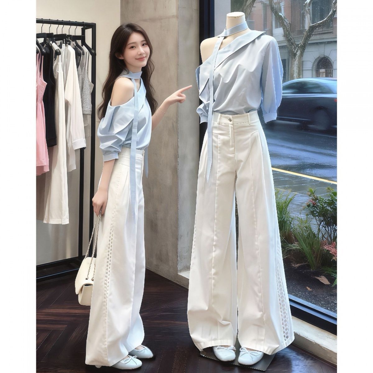 韩系穿搭一整套装通勤设计感斜肩蓝色衬衫阔腿裤子两件套女26新款