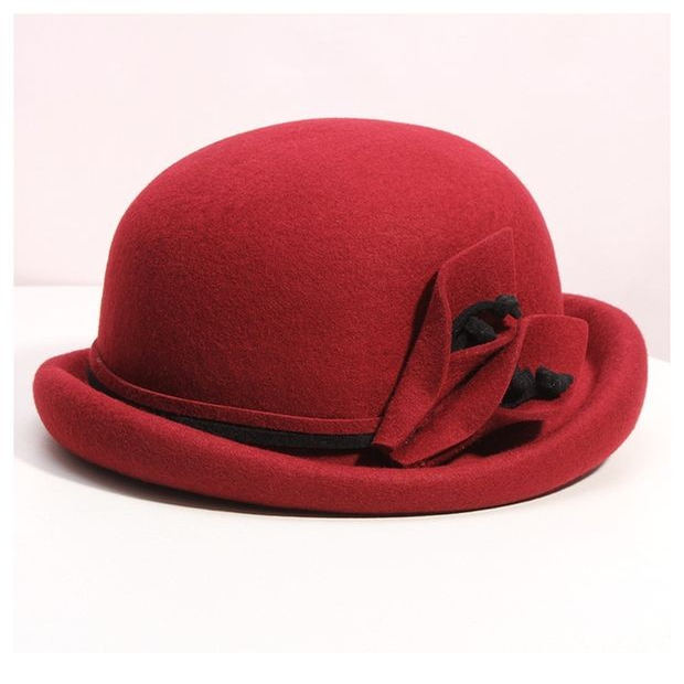 韩版秋冬时尚优雅花朵羊毛呢小礼帽女复古圆顶卷边盆帽英伦贝雷帽