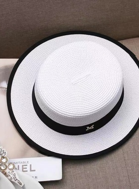 夏天加密平顶草帽M标帽子女款草帽夏季英伦白色小礼帽遮阳太阳帽