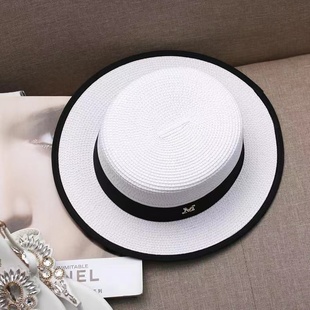 夏天加密平顶草帽M标帽子女款草帽夏季英伦白色小礼帽遮阳太阳帽