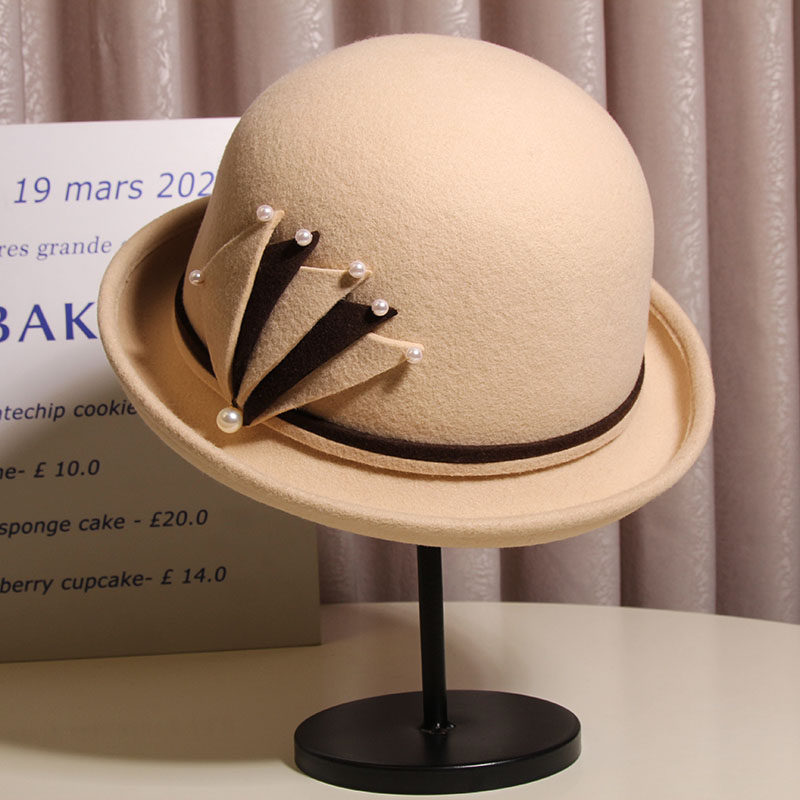 英伦复古羊毛保暖卷边盆帽优雅百搭渔夫帽毛呢毡帽小圆帽珍珠礼帽