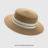 刘亦菲同款 M标平顶草帽夏季 复古百搭海边遮阳防晒太阳沙滩帽子女