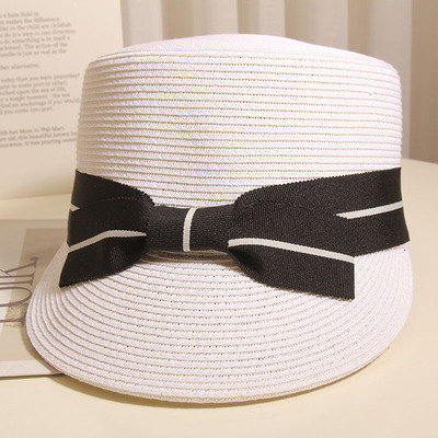 日系新款女士蝴蝶结白色草帽夏天遮阳防晒马术帽休闲百搭骑士帽子