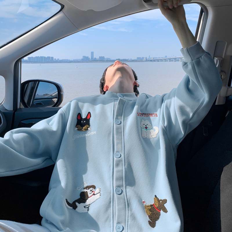 美式趣味小狗毛巾绣圆领卫衣男女