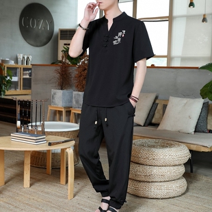 中国风短袖套装民族风唐装T恤男 盘扣棉麻一套衣服青年宽松居士服