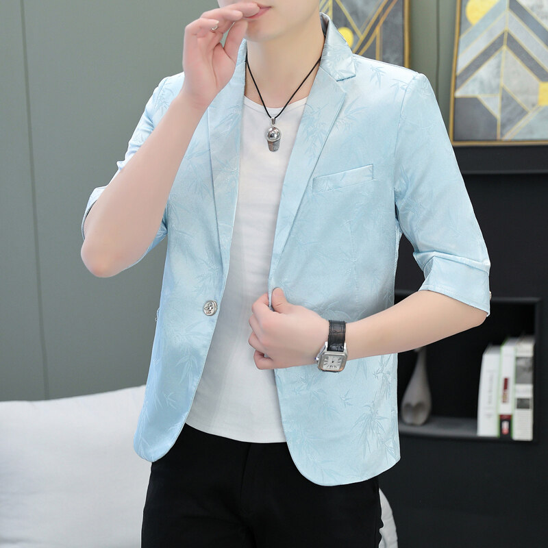 天蓝色七分袖西服男韩版修身中袖薄外套上衣青年休闲潮流短袖西服
