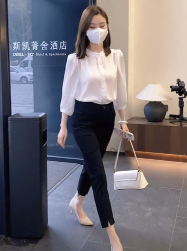 衬衫女袖雪纺洋气七分袖套装