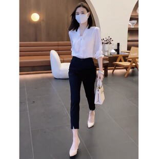气质御姐职业女套装 2023夏新款 高腰九分小脚裤 衬衫 条纹领结半袖