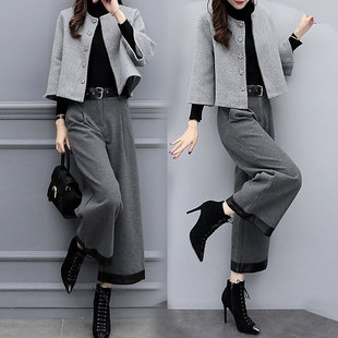 毛呢外套阔腿裤 套装 气质宽松韩版 时尚 洋气两件套潮 女2025秋冬新款