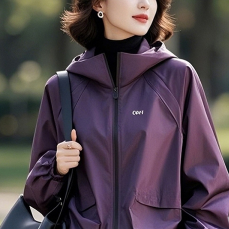 小个子紫色连帽外套女早春季