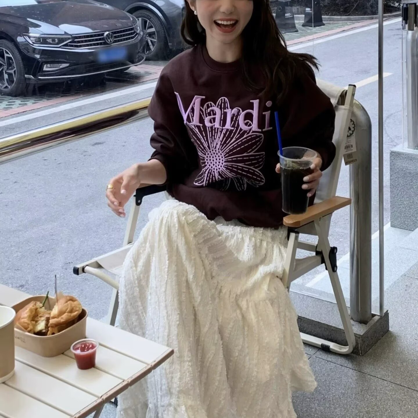 Mardi刺绣卫衣秋冬款明星同款小雏菊宽松复古圆领卫衣女金高银女