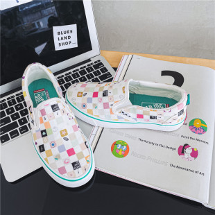 春夏小众原创彩色棋盘格帆布鞋女懒人一脚蹬套鞋学生时尚百搭板鞋